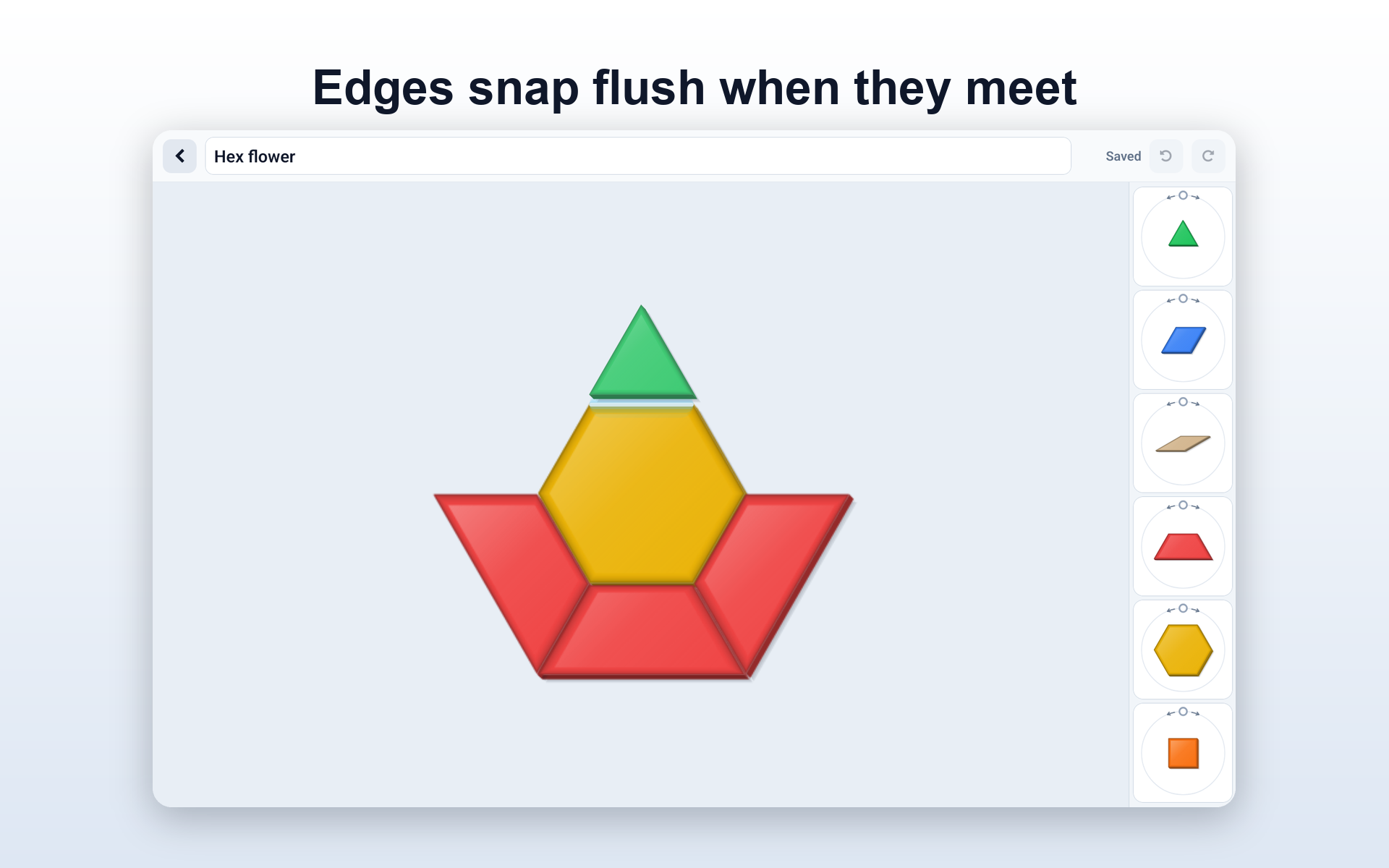 Pattern Bricks editor showing snap-to-edge contact glow between blocks
